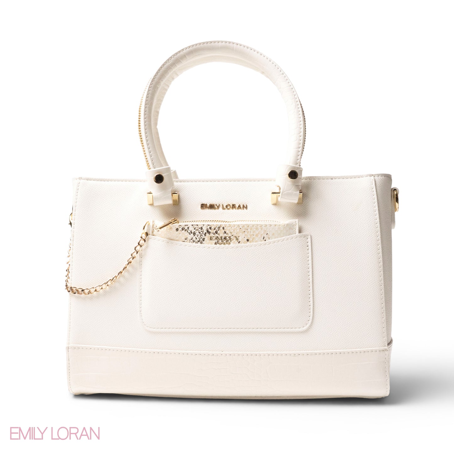 WHITE LEATHER SMOOTH HANDBAG WITH CROC DETAILS -LARGE