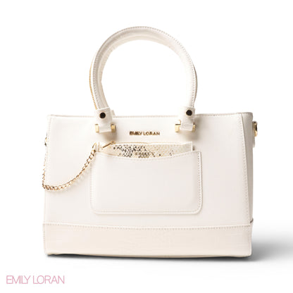 WHITE LEATHER SMOOTH HANDBAG WITH CROC DETAILS -LARGE