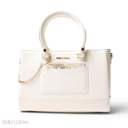 WHITE LEATHER SMOOTH HANDBAG WITH CROC DETAILS -LARGE