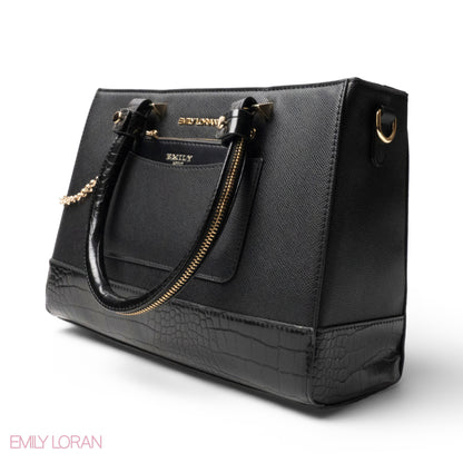 BLACK LEATHER SMOOTH HANDBAG WITH CROC DETAILS -LARGE