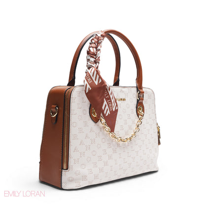 WHITE EMILY LETTER PRINT SATCHEL BAG WITH SCARF ACCENT - MED