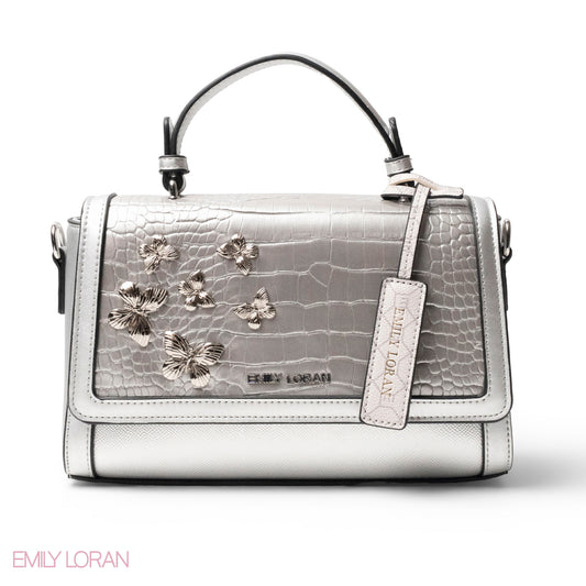 SILVER LEATHER HANDBAG WITH CROC,BUTTERFLIES DETAILS-MED
