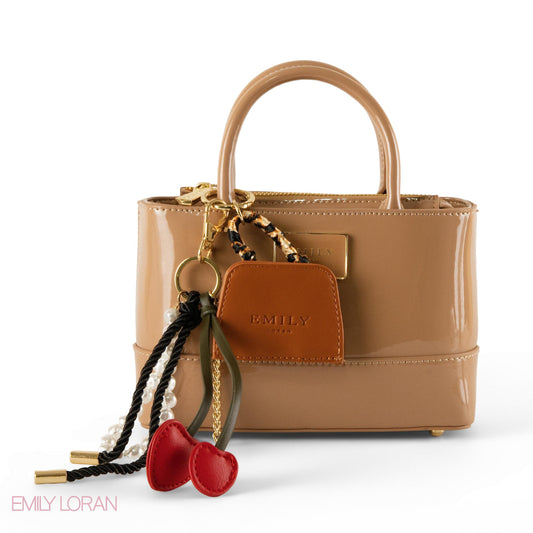 CAPPUCCINO GLOSSY LEATHER HANDBAG WITH ACCESSORIES- SMALL