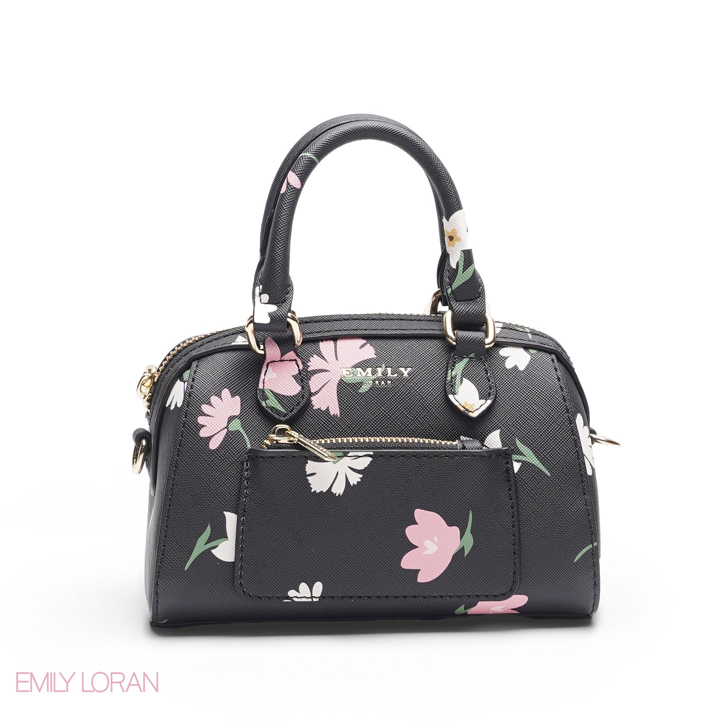 BLACK FLORAL BAG WITH FRONT POUCH & GOLD CHAIN