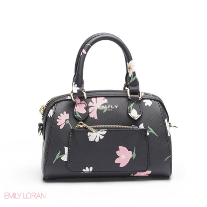 BLACK FLORAL BAG WITH FRONT POUCH & GOLD CHAIN