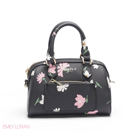 BLACK FLORAL BAG WITH FRONT POUCH & GOLD CHAIN