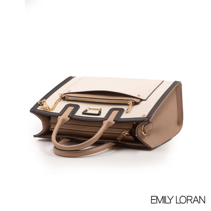 BEIGE LEATHER EMILY LORAN HANDBAG WITH METAL CHAIN-LARGE