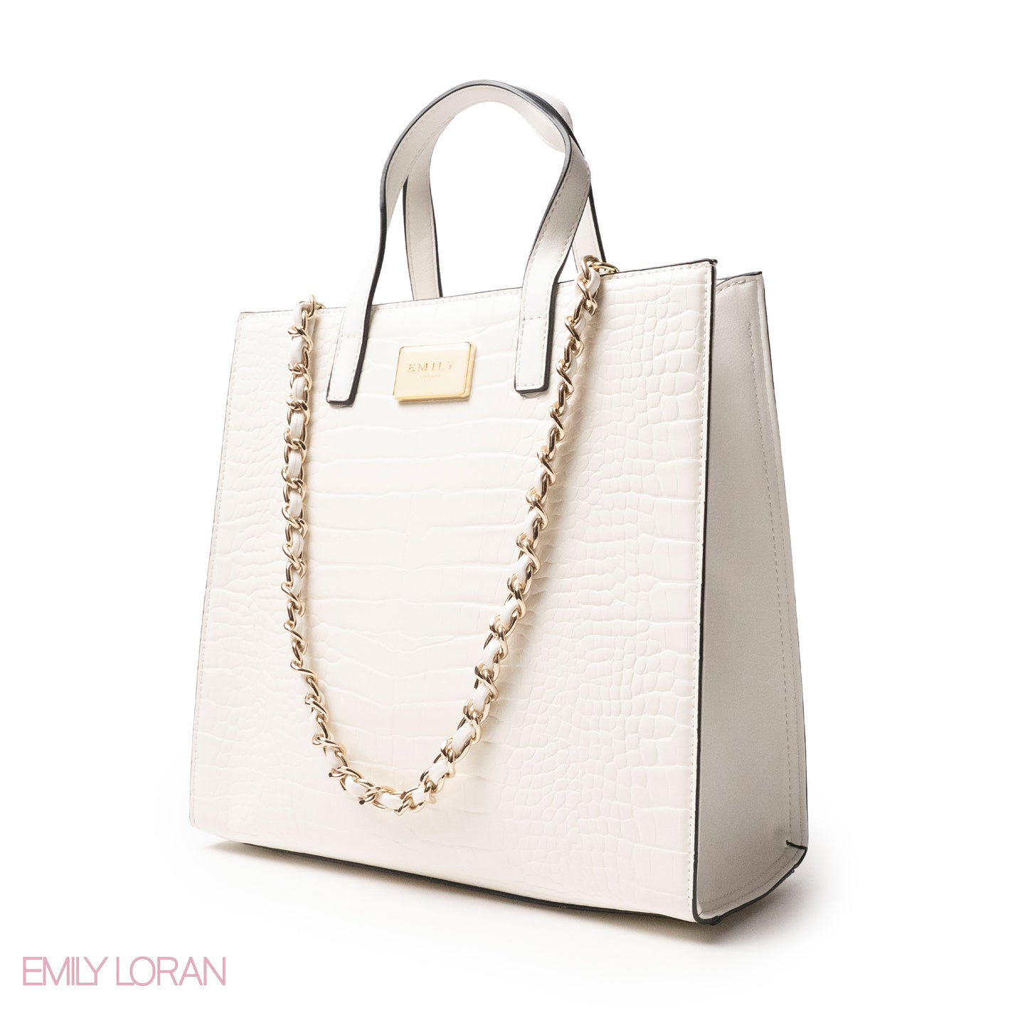 WHITE CROCODILE LEATHER HANDBAG WITH METAL CHAIN - LARGE