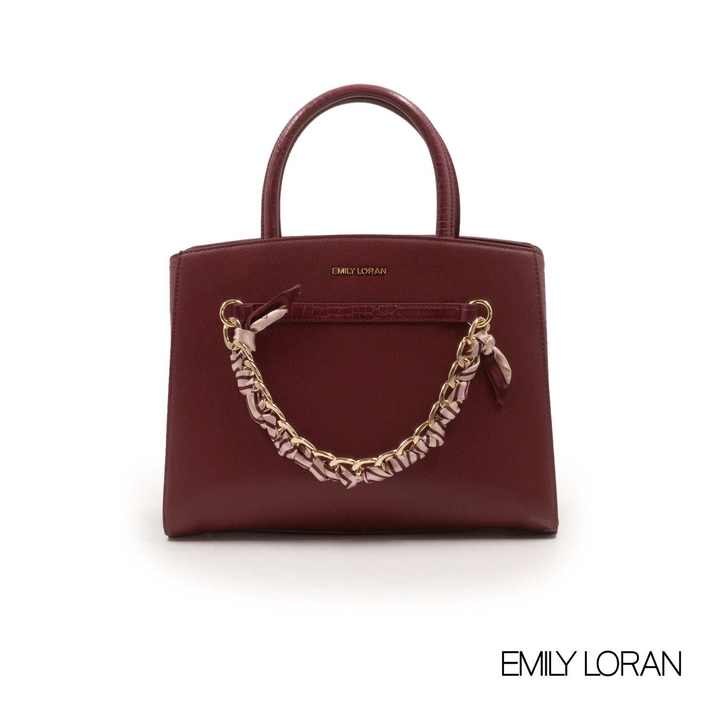 MAROON LEATHER HANDBAG WITH CHAIN DETAIL-MED