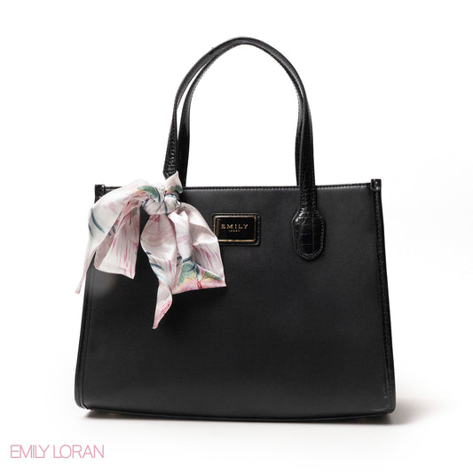 BLACK SMOOTH LEATHER HANDBAG WITH FLORAL PRINT SCARF - LARGE