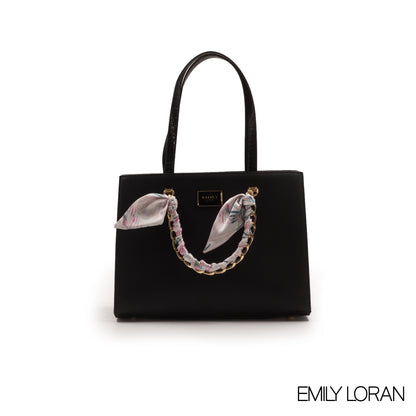 BLACK LEATHER HANDBAG WITH GOLD CHAIN AND SCARF -LARGE