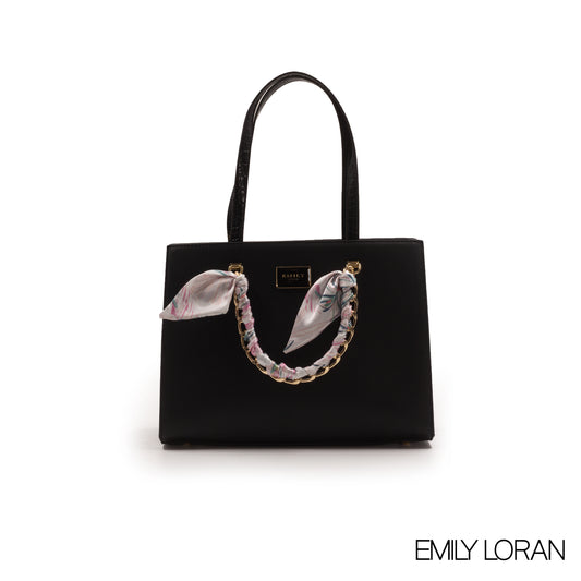 BLACK LEATHER HANDBAG WITH GOLD CHAIN AND SCARF -LARGE