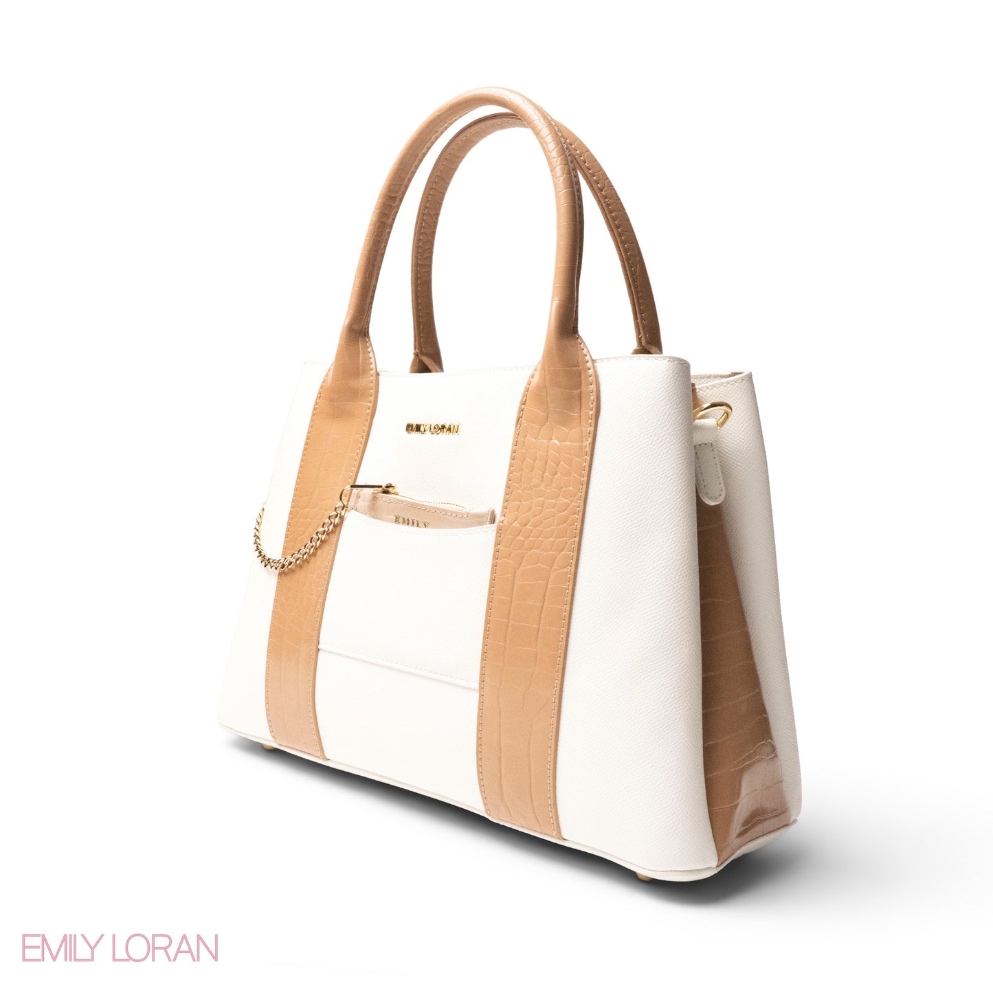 WHITE SMOOTH LEATHER HANDBAG WITH CROC DESIGN -LARGE