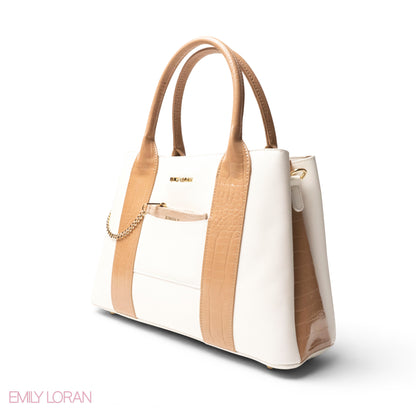 WHITE SMOOTH LEATHER HANDBAG WITH CROC DESIGN -LARGE