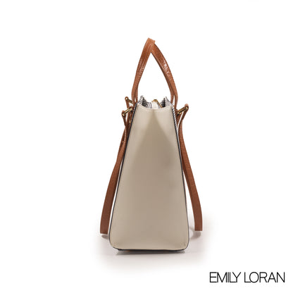 STRIPED NAVY EMILY LORAN HANDBAG WITH BROWN LEATHER TRIM -LARGE