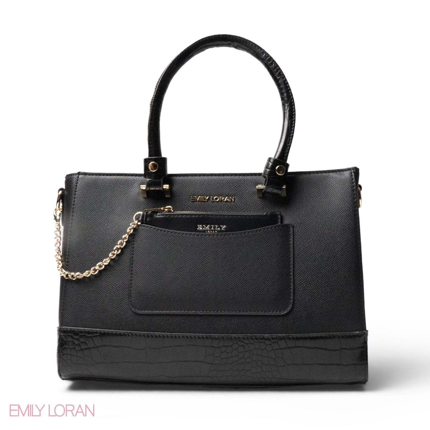 BLACK LEATHER SMOOTH HANDBAG WITH CROC DETAILS -LARGE