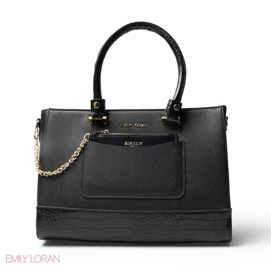 BLACK LEATHER SMOOTH HANDBAG WITH CROC DETAILS -LARGE