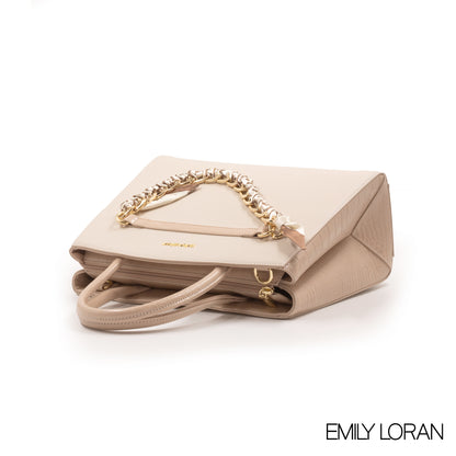 CREAMY LEATHER HANDBAG WITH CHAIN DETAIL-MED