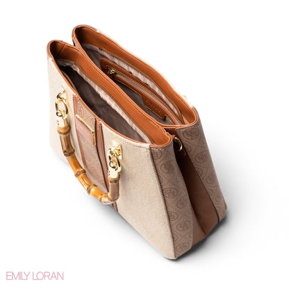EMILY LORAN LEATHER,CANVAS HANDBAG WITH BAMBOO-HANDLED -MED