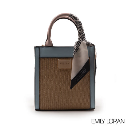 WOVEN STRAW HANDBAG LEATHER ACCENTS WITH SCARF -SMALL