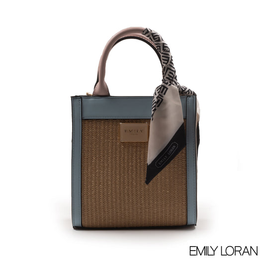 WOVEN STRAW HANDBAG LEATHER ACCENTS WITH SCARF -SMALL