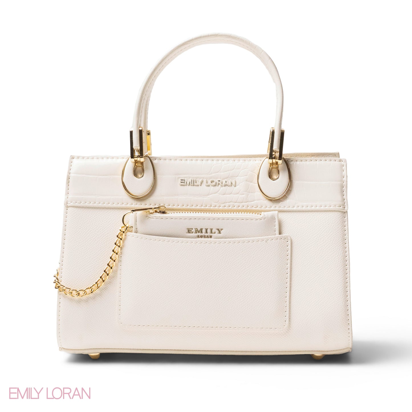 WHITE LEATHER SMOOTH HANDBAG WITH CROC DETAILS-MED