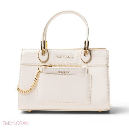 WHITE LEATHER SMOOTH HANDBAG WITH CROC DETAILS-MED