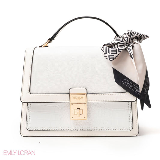 WHITE LEATHER HANDBAG WITH EMILY LORAN SCARF - MED