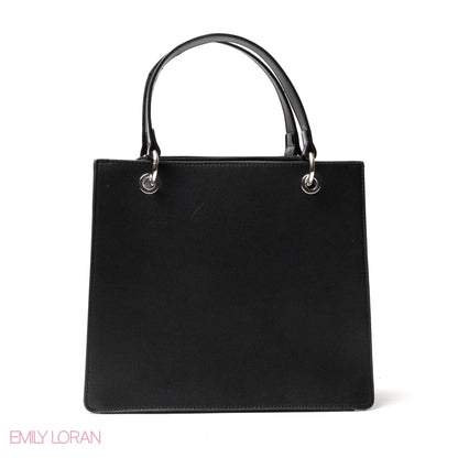 BLACK LEATHER HANDBAG WITH METAL CHAIN,BUTTERFLIES - MED