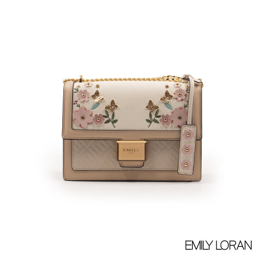 LEATHER CROSSBODY BAG WITH FLORAL , BUTTERFLY EMBROIDERY -MED