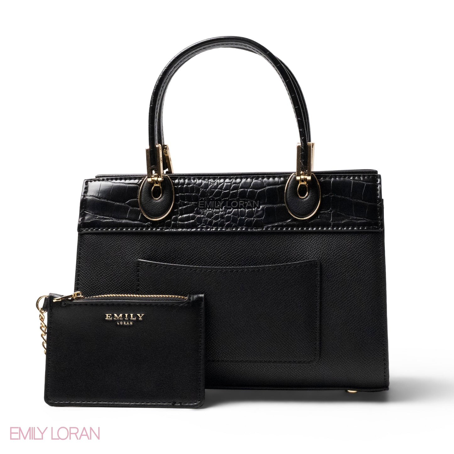 BLACK LEATHER SMOOTH HANDBAG WITH CROC DETAILS-MED