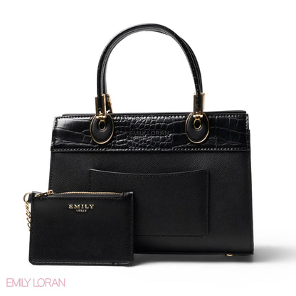 BLACK LEATHER SMOOTH HANDBAG WITH CROC DETAILS-MED