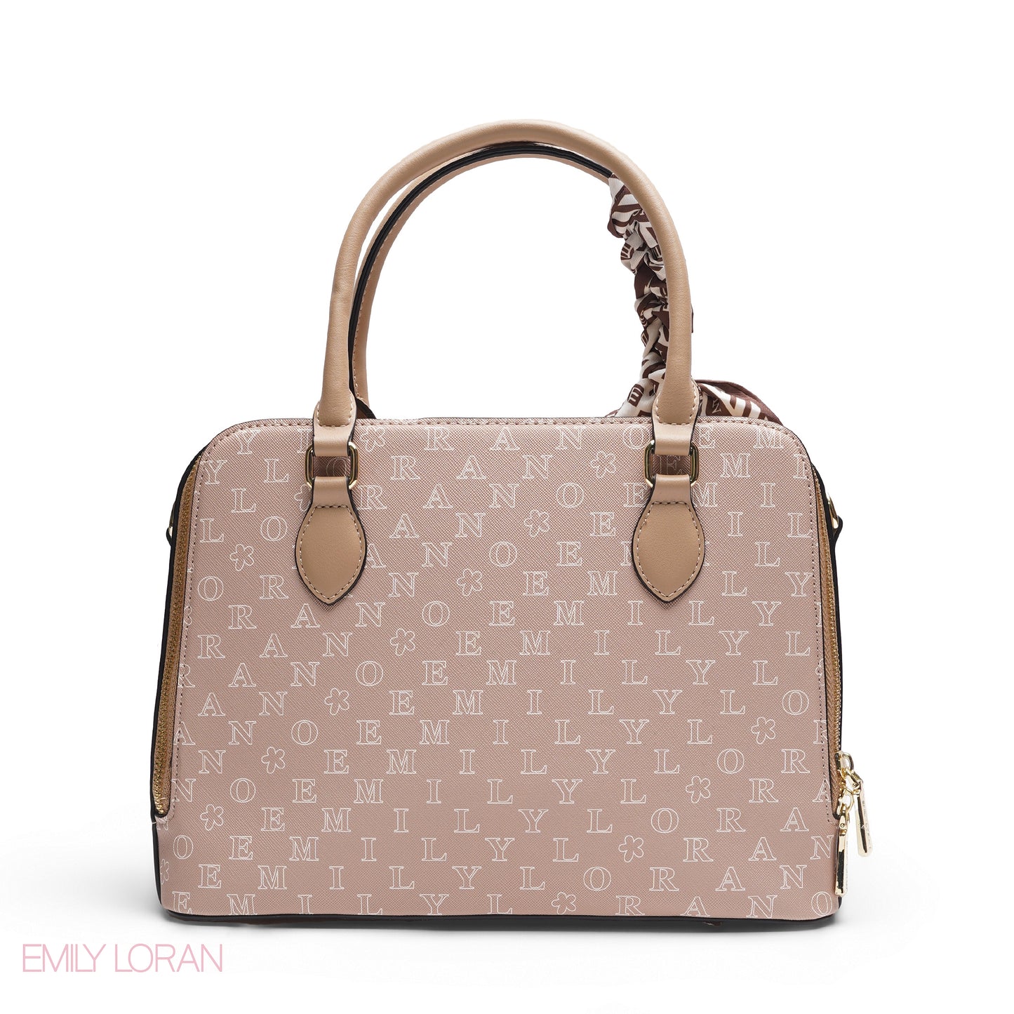 BEIGE EMILY LETTER PRINT SATCHEL BAG WITH SCARF ACCENT - MED