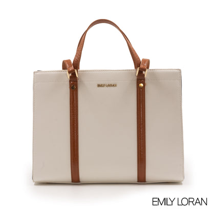 WHITE EMILY LORAN HANDBAG WITH BROWN LEATHER TRIM -LARGE