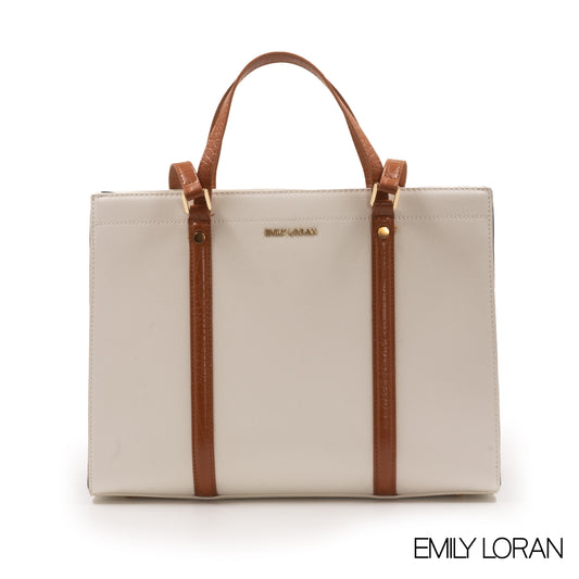 WHITE EMILY LORAN HANDBAG WITH BROWN LEATHER TRIM -LARGE