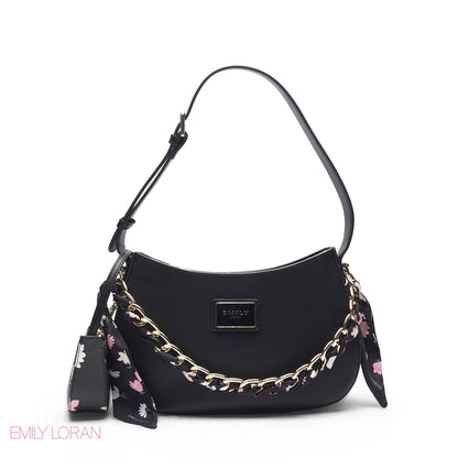 BLACK WITH FLORAL MINI BAG & SCARF - MED