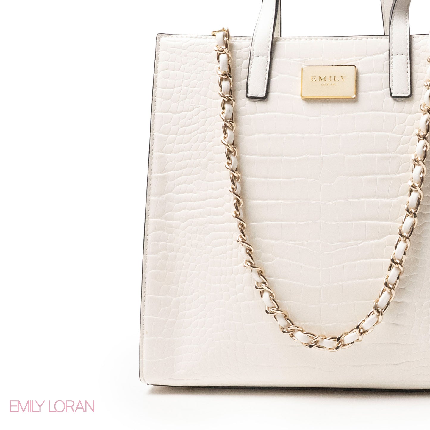 WHITE CROCODILE LEATHER HANDBAG WITH METAL CHAIN - LARGE