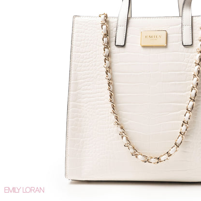WHITE CROCODILE LEATHER HANDBAG WITH METAL CHAIN - LARGE