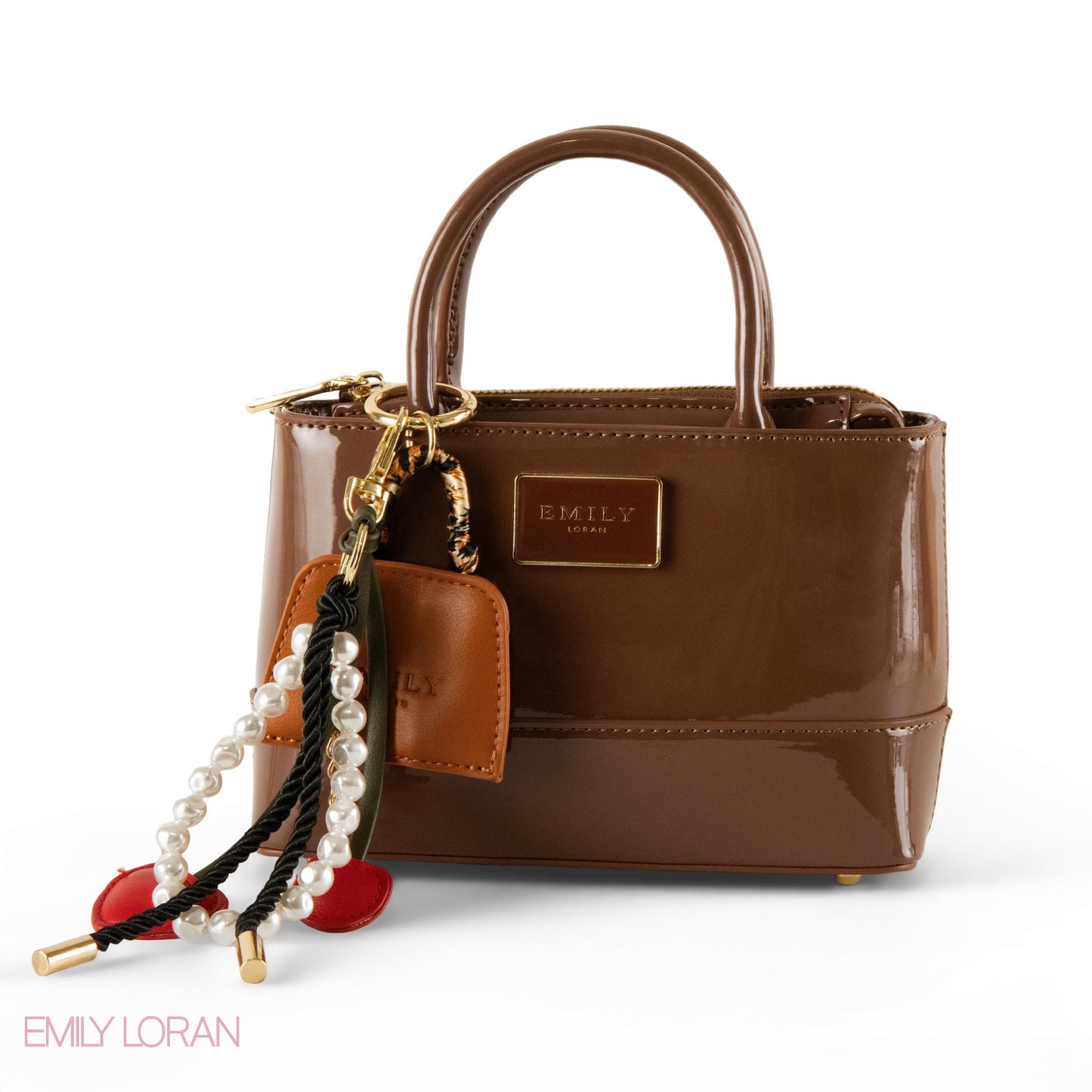 BROWN GLOSSY LEATHER HANDBAG WITH ACCESSORIES- SMALL