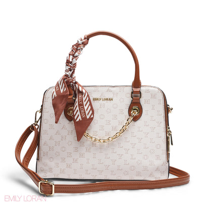 WHITE EMILY LETTER PRINT SATCHEL BAG WITH SCARF ACCENT - MED