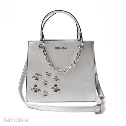 SILVER LEATHER HANDBAG WITH METAL CHAIN,BUTTERFLIES - MED