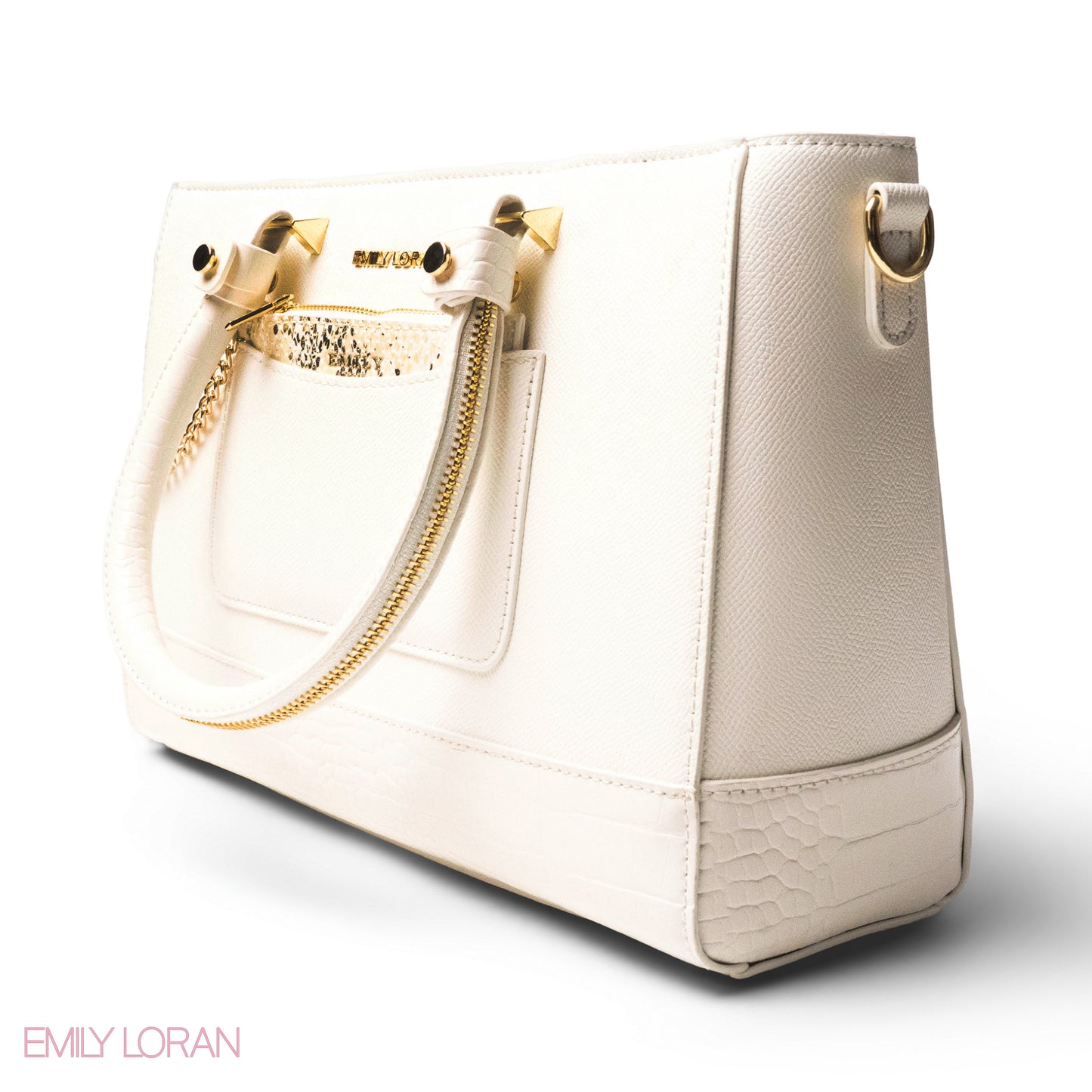 WHITE LEATHER SMOOTH HANDBAG WITH CROC DETAILS -LARGE