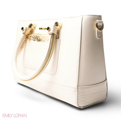 WHITE LEATHER SMOOTH HANDBAG WITH CROC DETAILS -LARGE