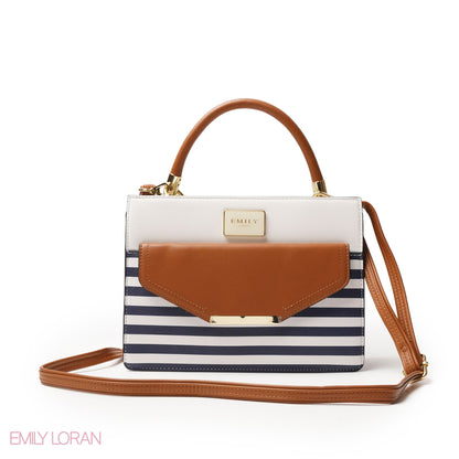 STRIPED NAVY LEATHER HANDBAG WITH FLAP -MED