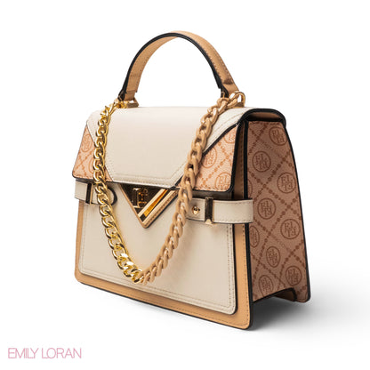 BEIGE LEATHER HANDBAG WITH METAL CHAIN ACCENTS-MED