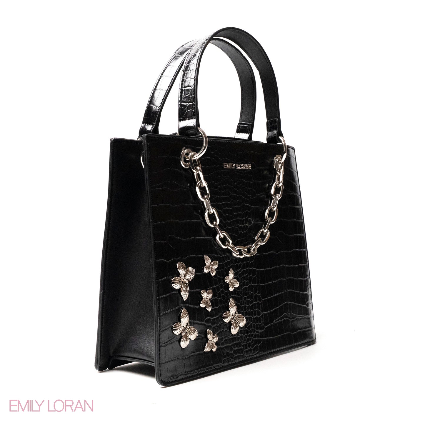BLACK LEATHER HANDBAG WITH METAL CHAIN,BUTTERFLIES - MED