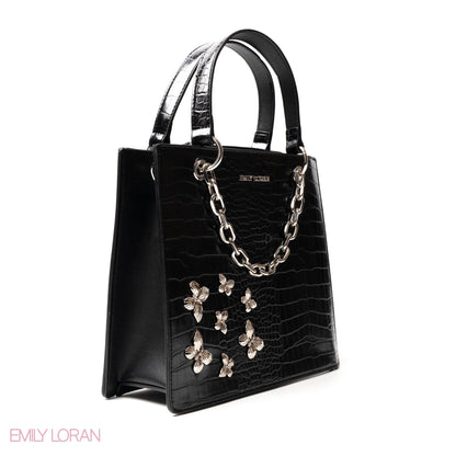 BLACK LEATHER HANDBAG WITH METAL CHAIN,BUTTERFLIES - MED
