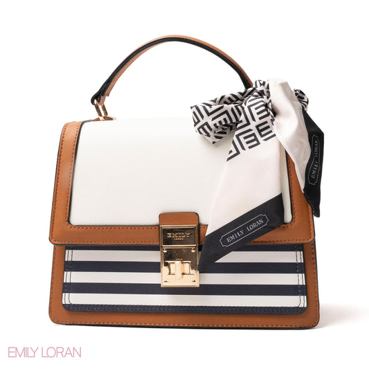 SREIPED NAVY LEATHER HANDBAG WITH EMILY LORAN SCARF - MED