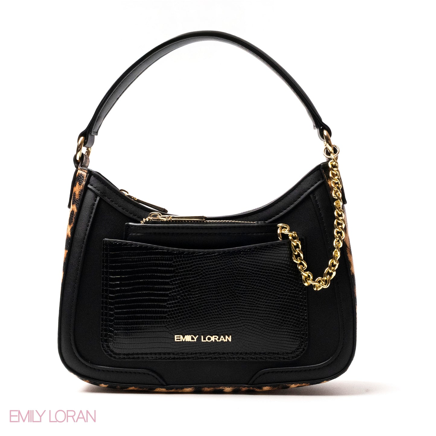 BLACK LEATHER HANDBAG WITH METAL CHAIN -SMALL