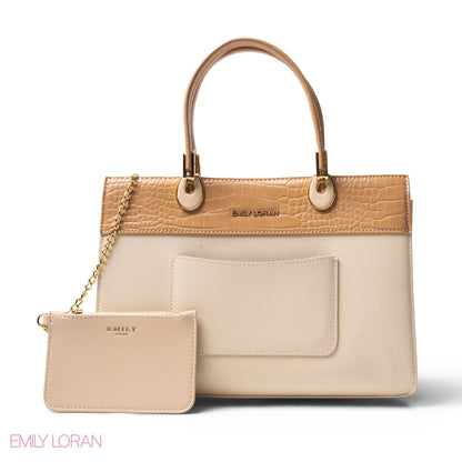 BEIGE LEATHER SMOOTH HANDBAG WITH CROC DETAILS-LARGE